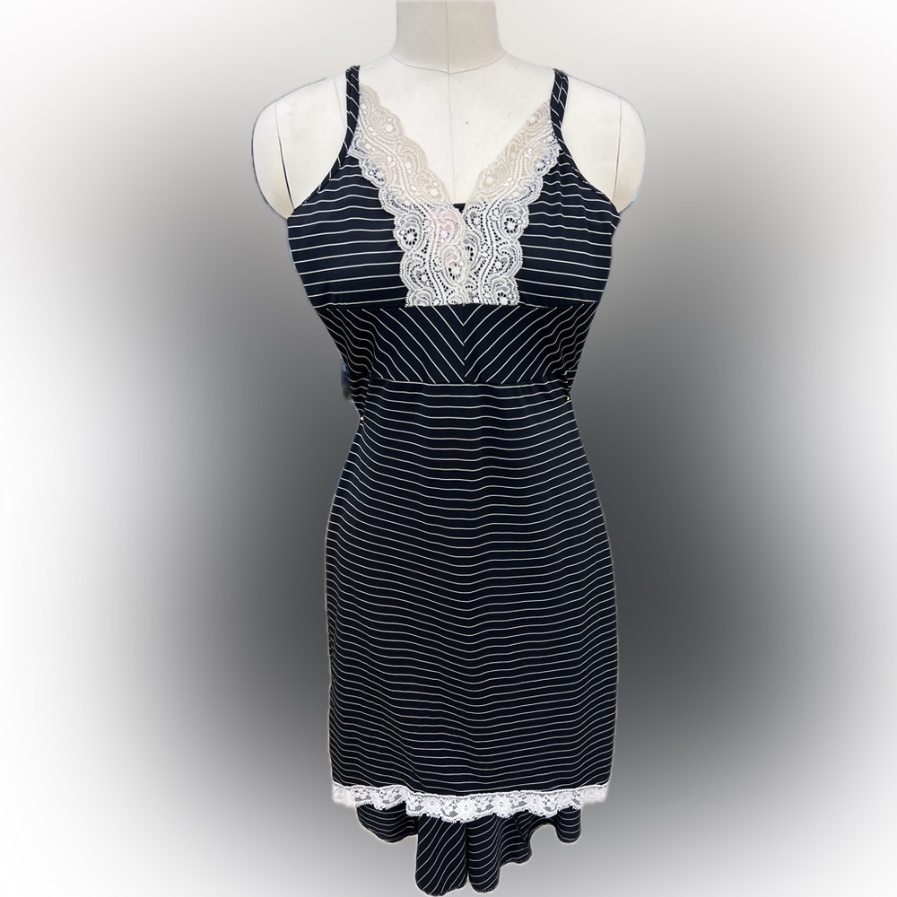 Black and White Striped Dress with Lace Detail Circa 2002
